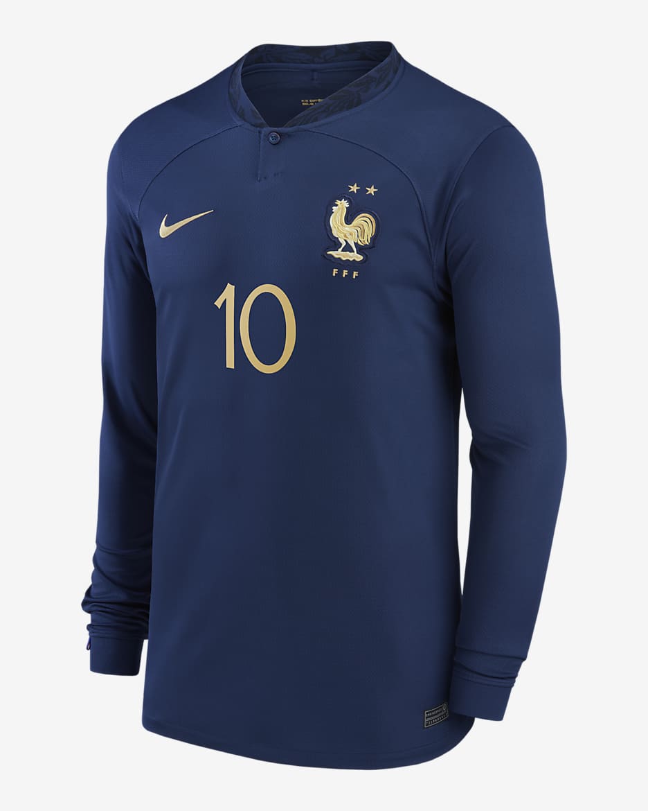 Jersey de fútbol de manga larga Nike Dri-FIT del equipo nacional de Francia local 2022/23 Stadium (Kylian Mbappe) para hombre - Azul marino