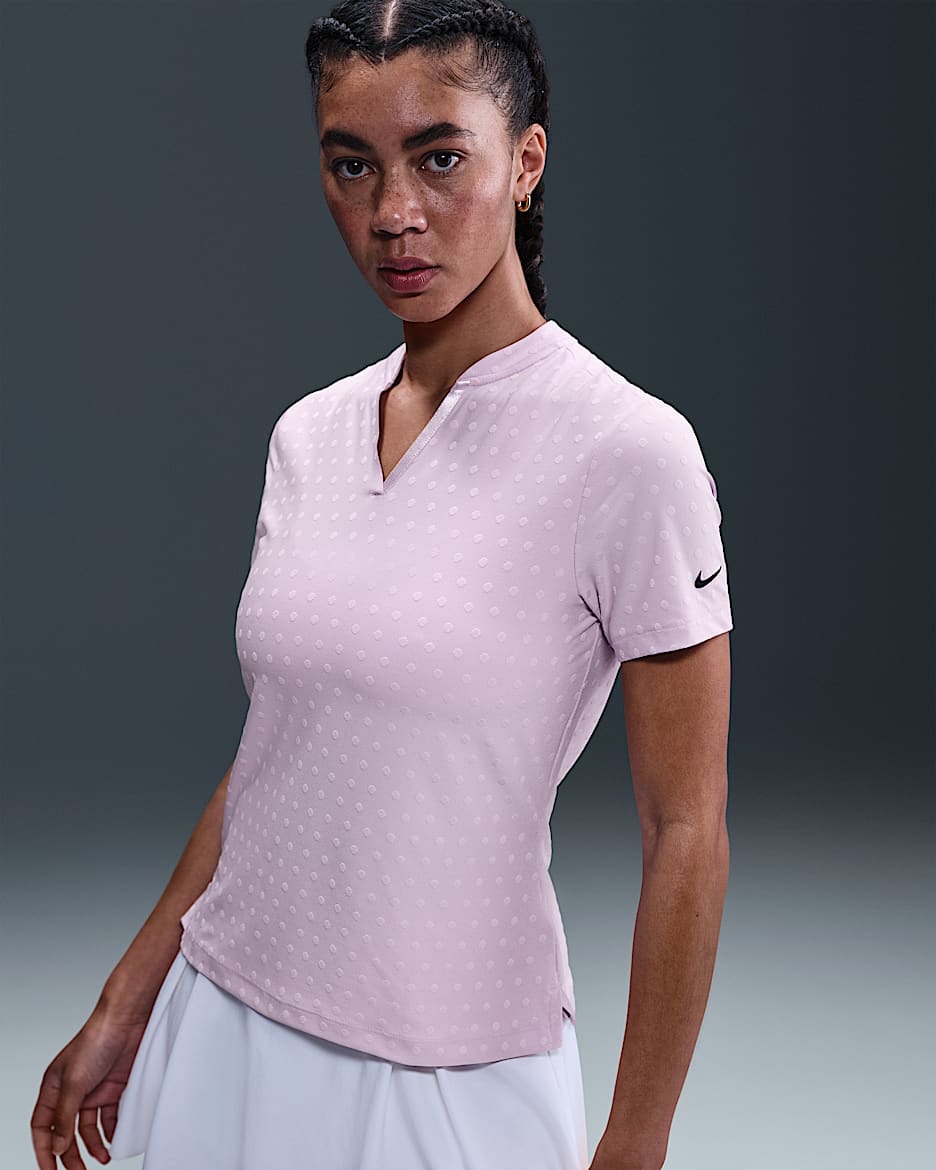 Polo de golf de manga corta Dri-FIT Blade Jacquard para mujer Nike Tour - Muñeca/Negro