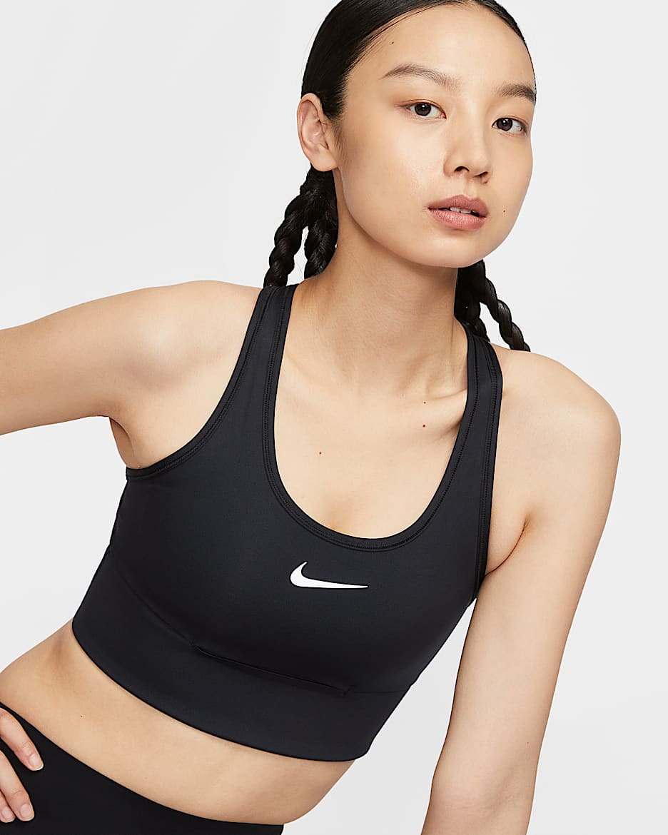 Nike Swoosh Pocket Women's Medium-Support Padded Longline Sports Bra - Black/Black/White