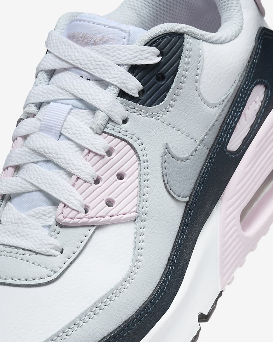 Tenis para niños grandes Nike Air Max 90 - Blanco/Espuma rosa/Azul marino militar/Gris lobo