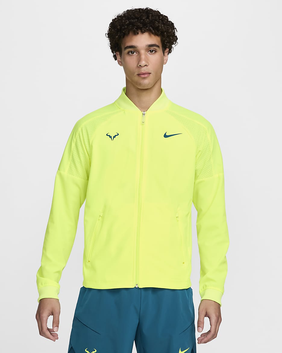 Chamarra de tenis para hombre Nike Dri-FIT Rafa - Volt/Azul verdoso geoda