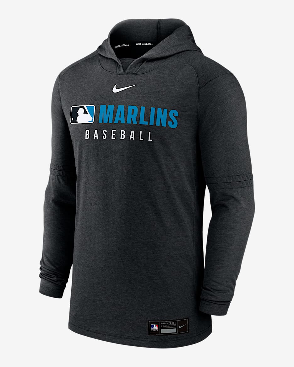 Miami Marlins Authentic Collection Sudadera con gorro sin cierre Nike Dri-FIT de la MLB para hombre - Negro jaspeado