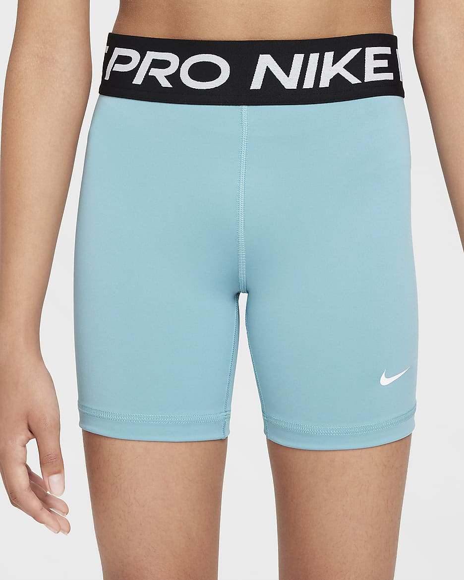 Nike Pro Dri-FIT-shorts (13 cm) til større børn (piger) - Denim Turquoise/hvid