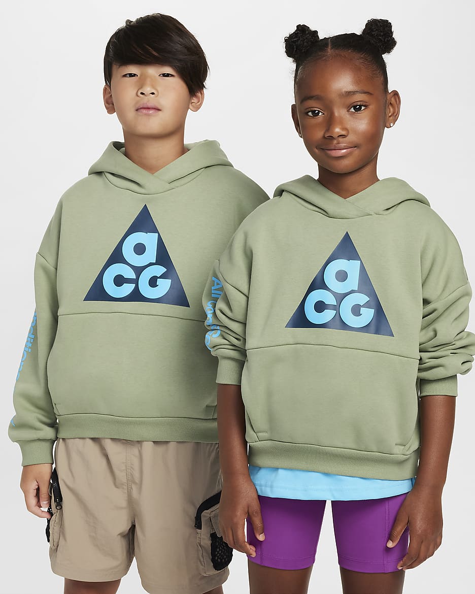 Nike ACG Icon Fleece Older Kids' Pullover Hoodie - Oil Green/Baltic Blue