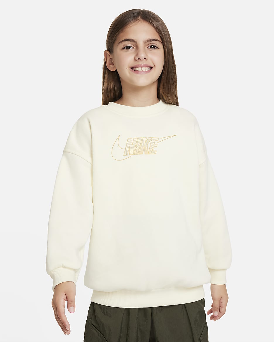 Nike Sportswear Club Fleece Big Kids' (Girls') Crew-Neck Sweatshirt - Coconut Milk/Metallic Gold