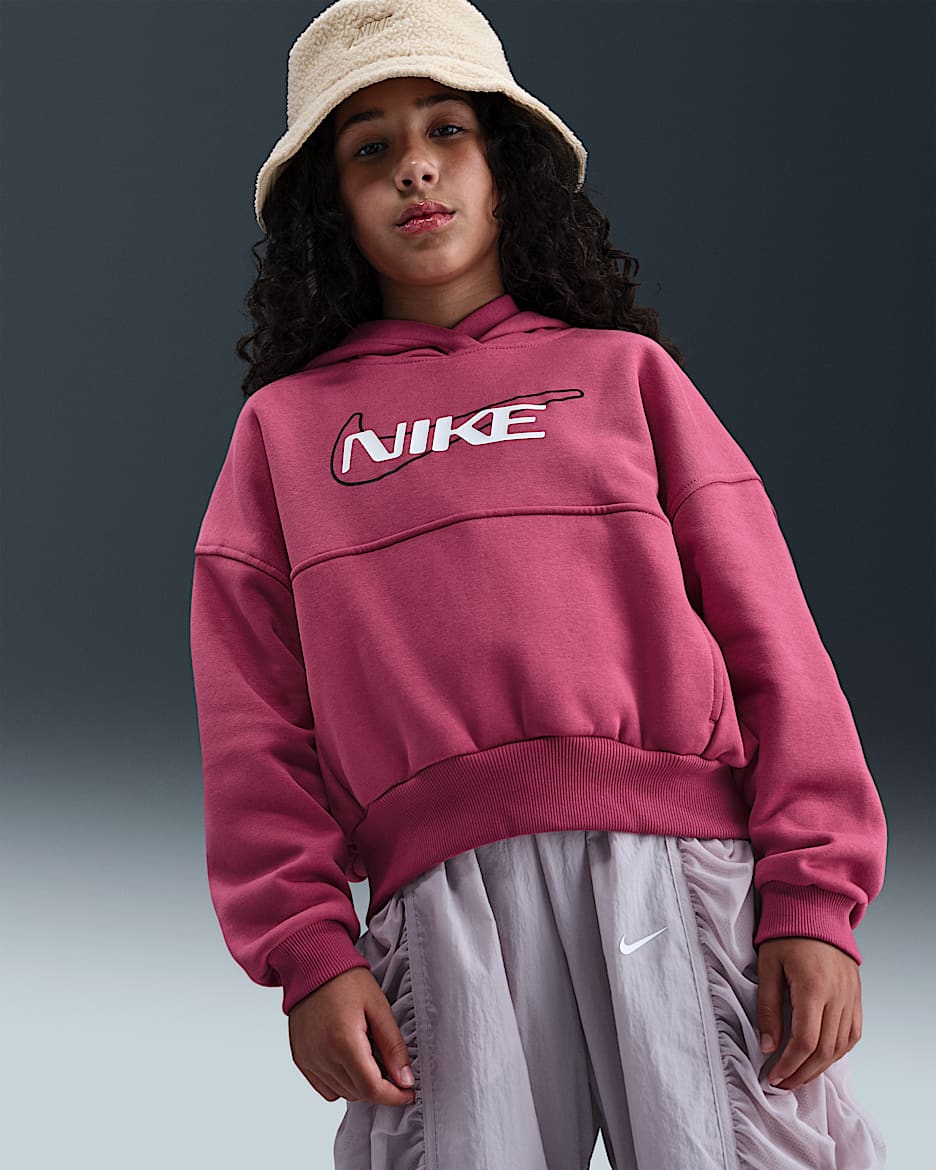 Nike Sportswear Club Fleece Girls' Oversized Hoodie - Sweet Beet/White