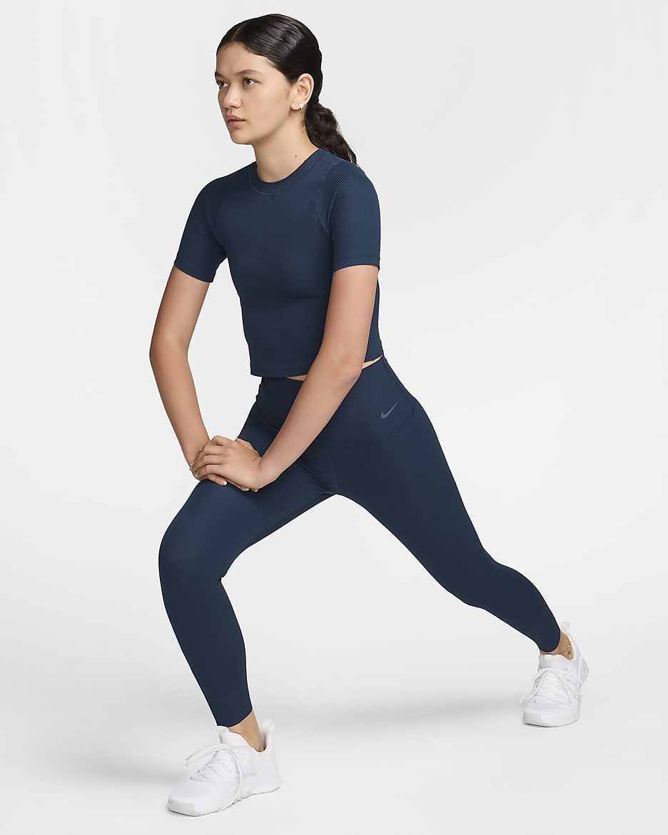 Nike Zenvy 羅紋女款輕柔支撐型高腰九分內搭褲 - Armory Navy/黑色