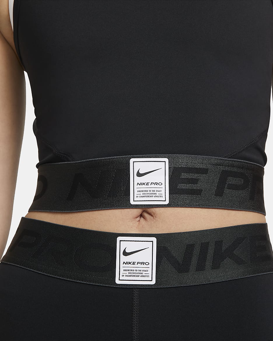 Nike Pro Dri-FIT-crop tanktop med grafik til kvinder - sort/Dark Smoke Grey/hvid