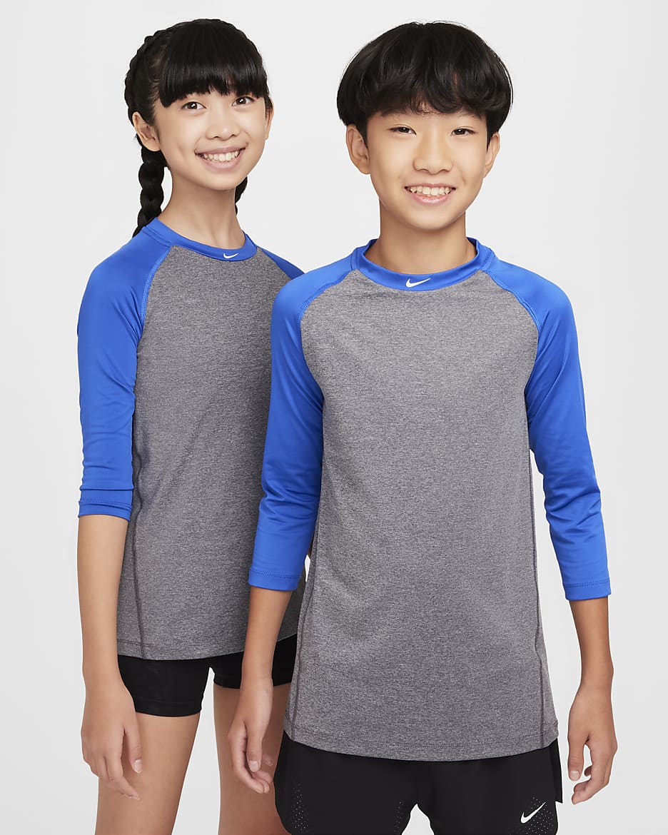 Nike Pro Big Kids' Dri-FIT 3/4-Sleeve Top - Game Royal/Dark Grey Heather/White