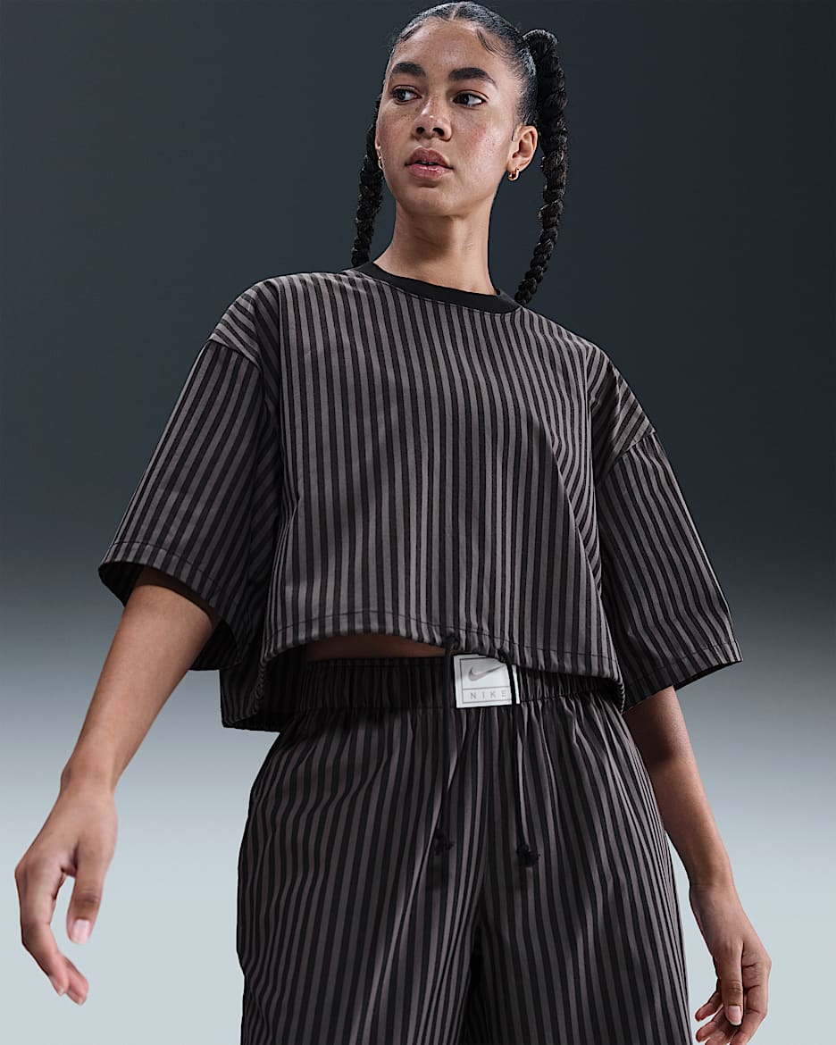 Haut ample à rayures Nike Sportswear Chill Poplin pour femme - Noir/Thunder Grey/Noir