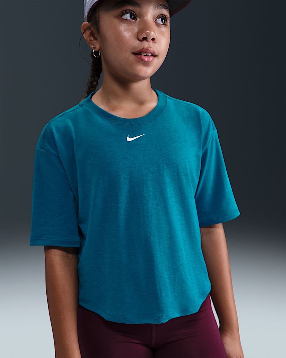 Nike One Relaxed Big Kids' (Girls') Dri-FIT Short-Sleeve Top - Green Abyss/White