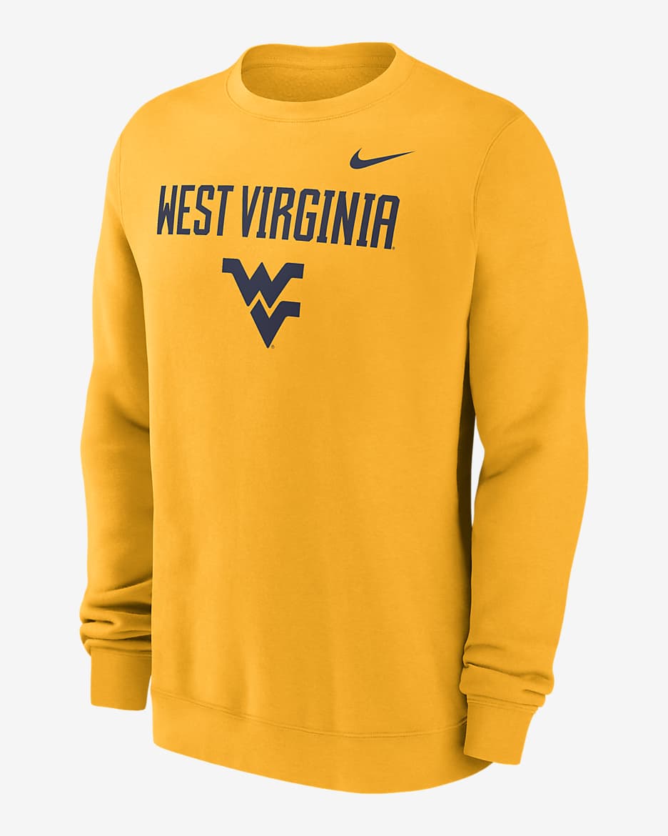 Sudadera de cuello redondo sin cierre universitaria Nike para hombre West Virginia Mountaineers Primetime Primary Stack - Oro universitario