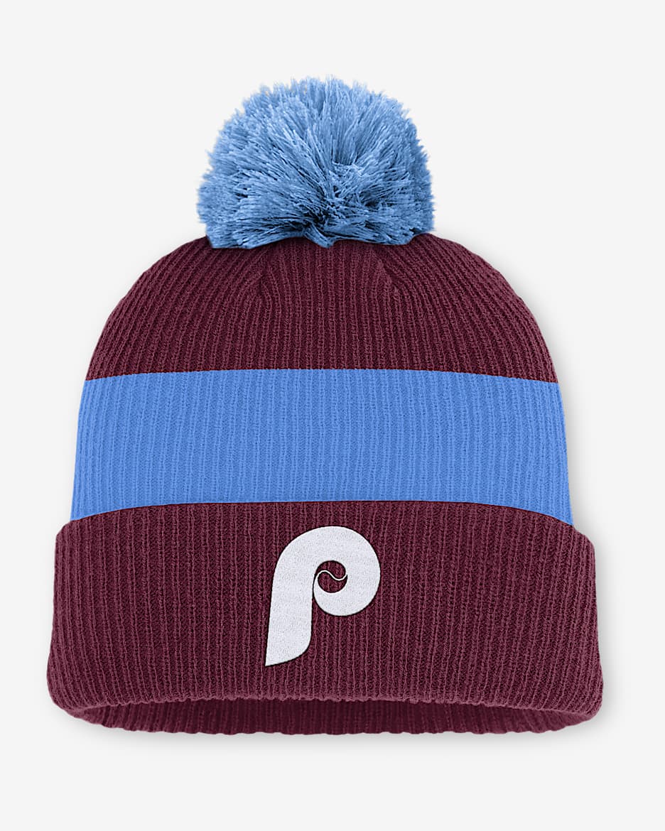 Gorro con dobladillo y pompón Nike de la MLB para hombre Philadelphia Phillies Cooperstown Peak - Castaña