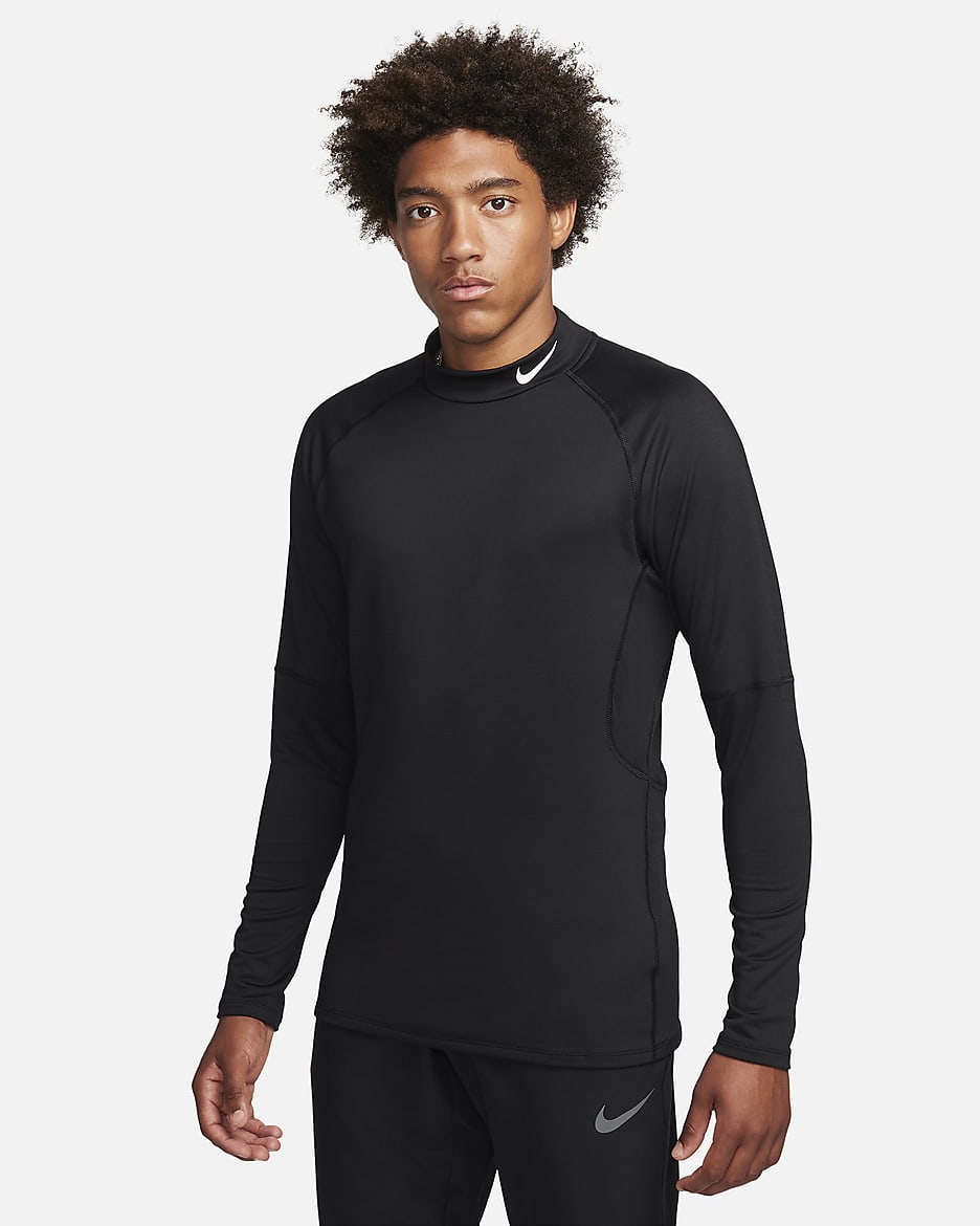 Camisola de fitness de manga comprida com gola subida e aquecimento Dri-FIT Nike Pro para homem - Preto/Branco