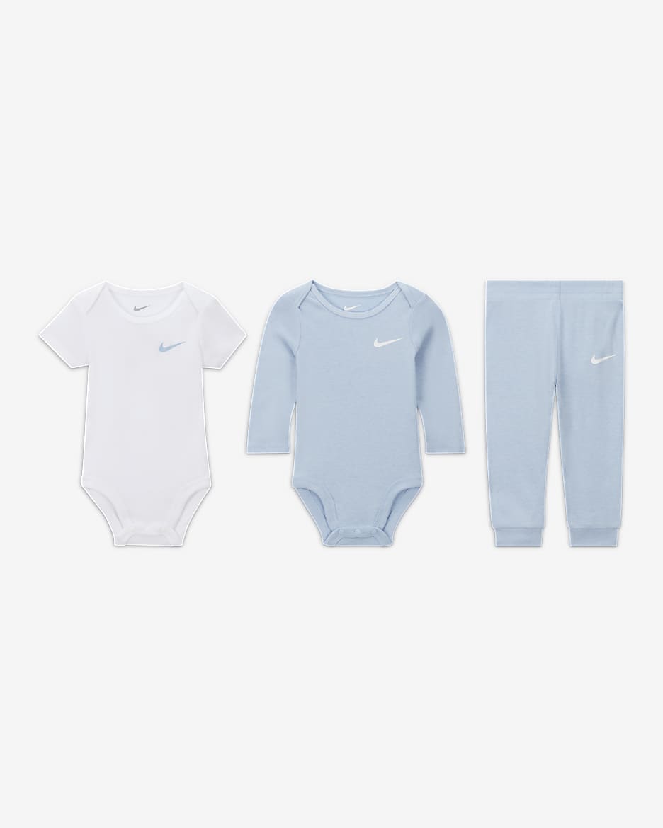 Nike Essentials Baby (0-9M) 3-Piece Bodysuit Set - Light Blue