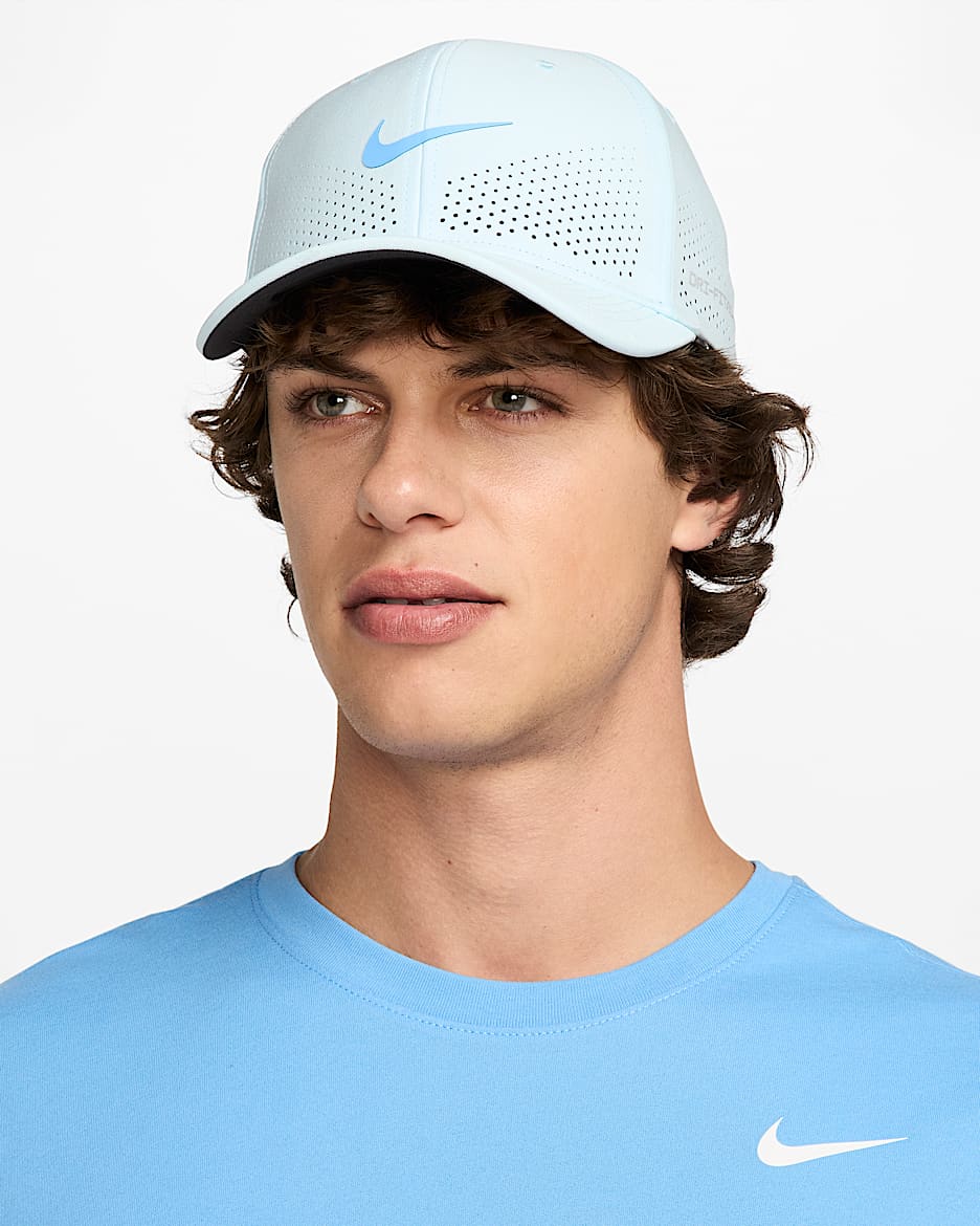 Gorra SwooshFlex estructurada Nike Dri-FIT ADV Rise - Azul glacial/Antracita/Azul universitario