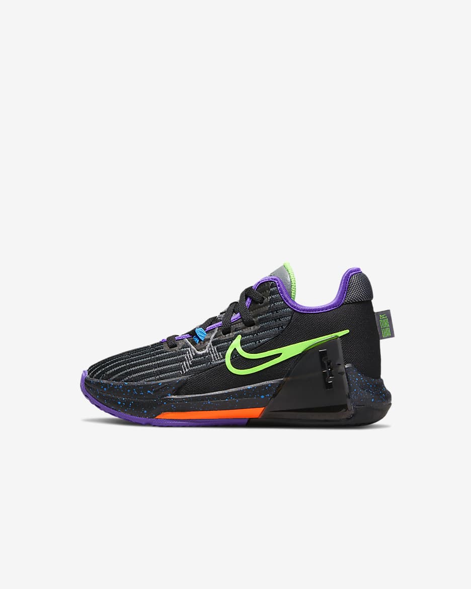 Tenis para niños de preescolar LeBron Witness 6 - Negro/Naranja total/Morado psíquico/Verde strike