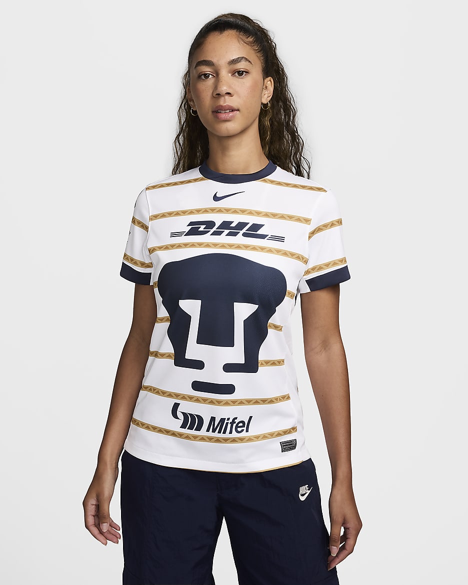 Jersey de fútbol Nike Dri-FIT Replica de los Pumas UNAM local 2024/25 Stadium para mujer - Blanco/Obsidiana/Obsidiana