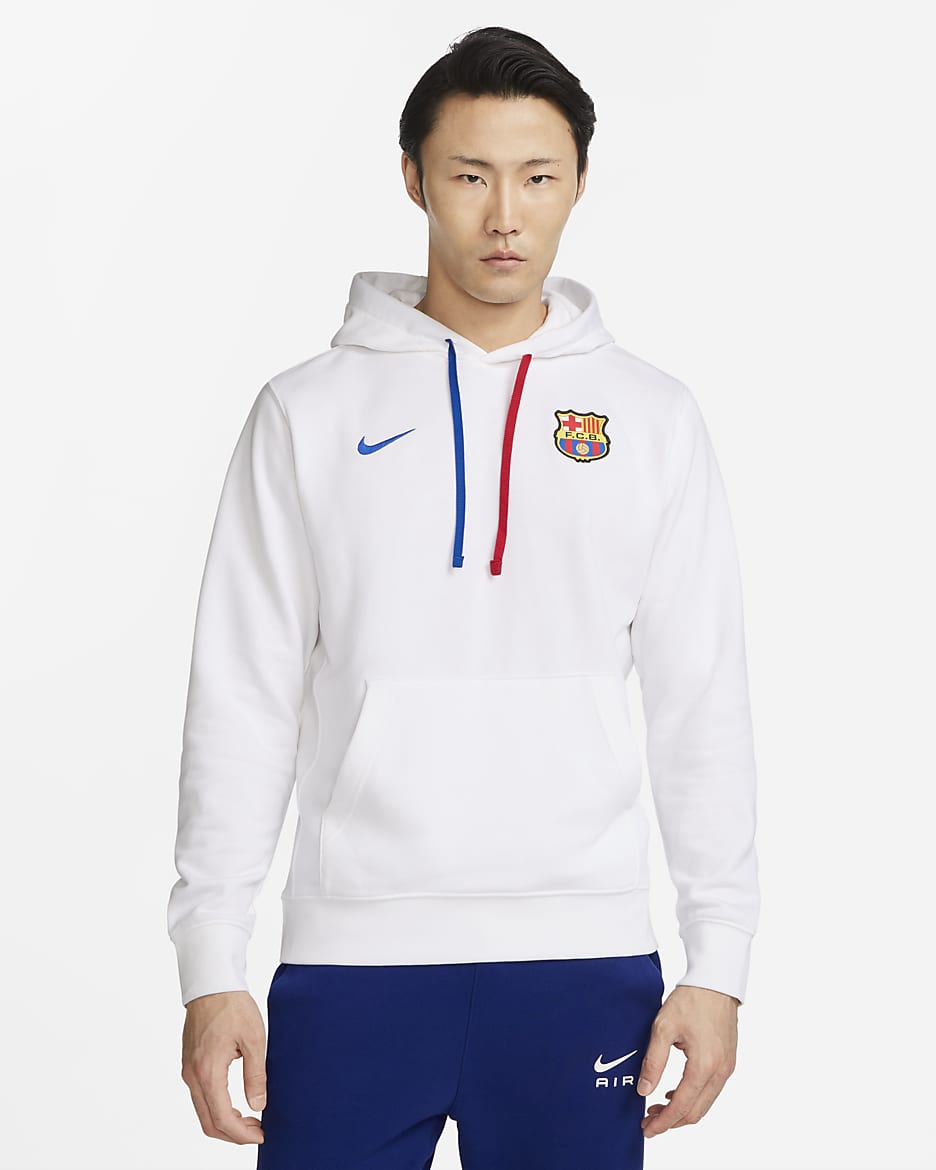 FC Barcelona Club Men's Nike Soccer French Terry Pullover Hoodie - White/Royal Blue/University Red/Royal Blue