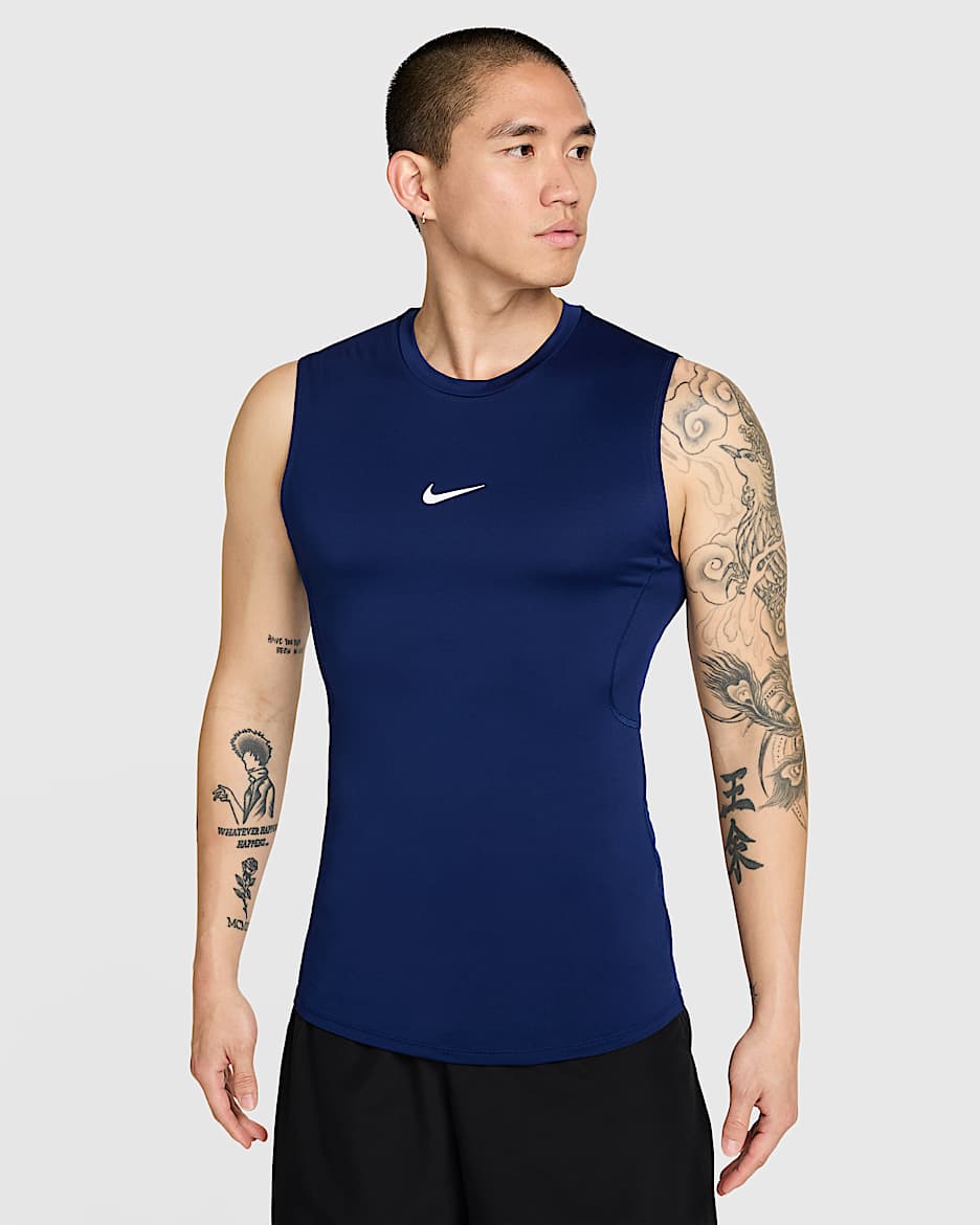 ナイキ プロ メンズ Dri-FIT タイト ノースリーブ フィットネストップ - ブルーボイド/ホワイト