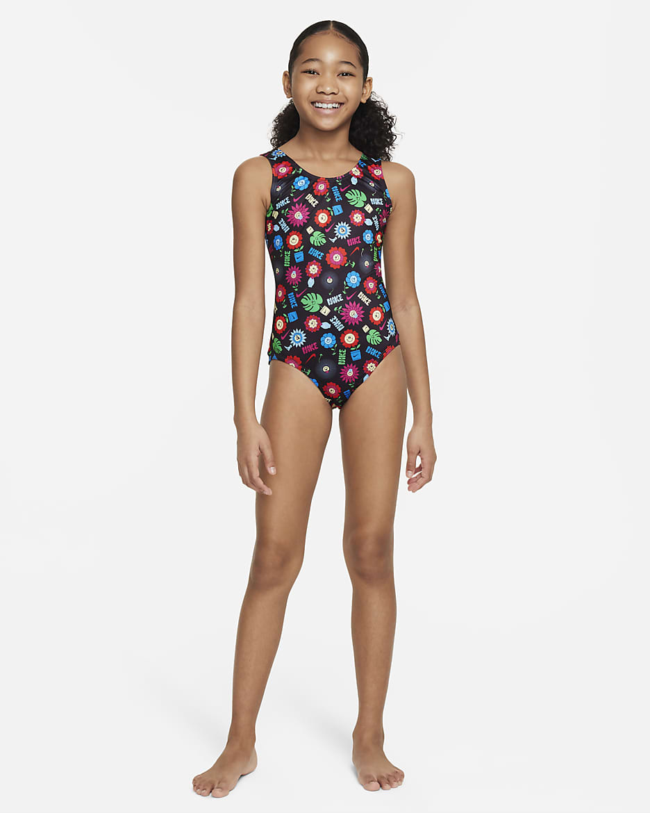 Traje de baño de una pieza con diseño de espalda en U para niña talla grande Nike Swim Garden Party - Negro