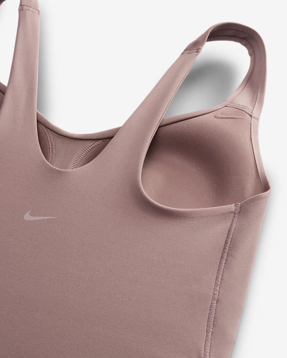 Camiseta de tirantes con bra deportivo de sujeción media con almohadillas para mujer Nike Alate - Malva humeante/Blanco