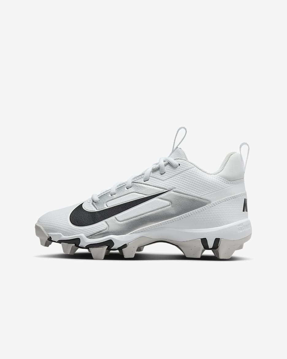 Tacos de fútbol para niños grandes Nike Alpha Menace 4 Shark - Blanco/Plata metalizado/Polvo fotón/Negro
