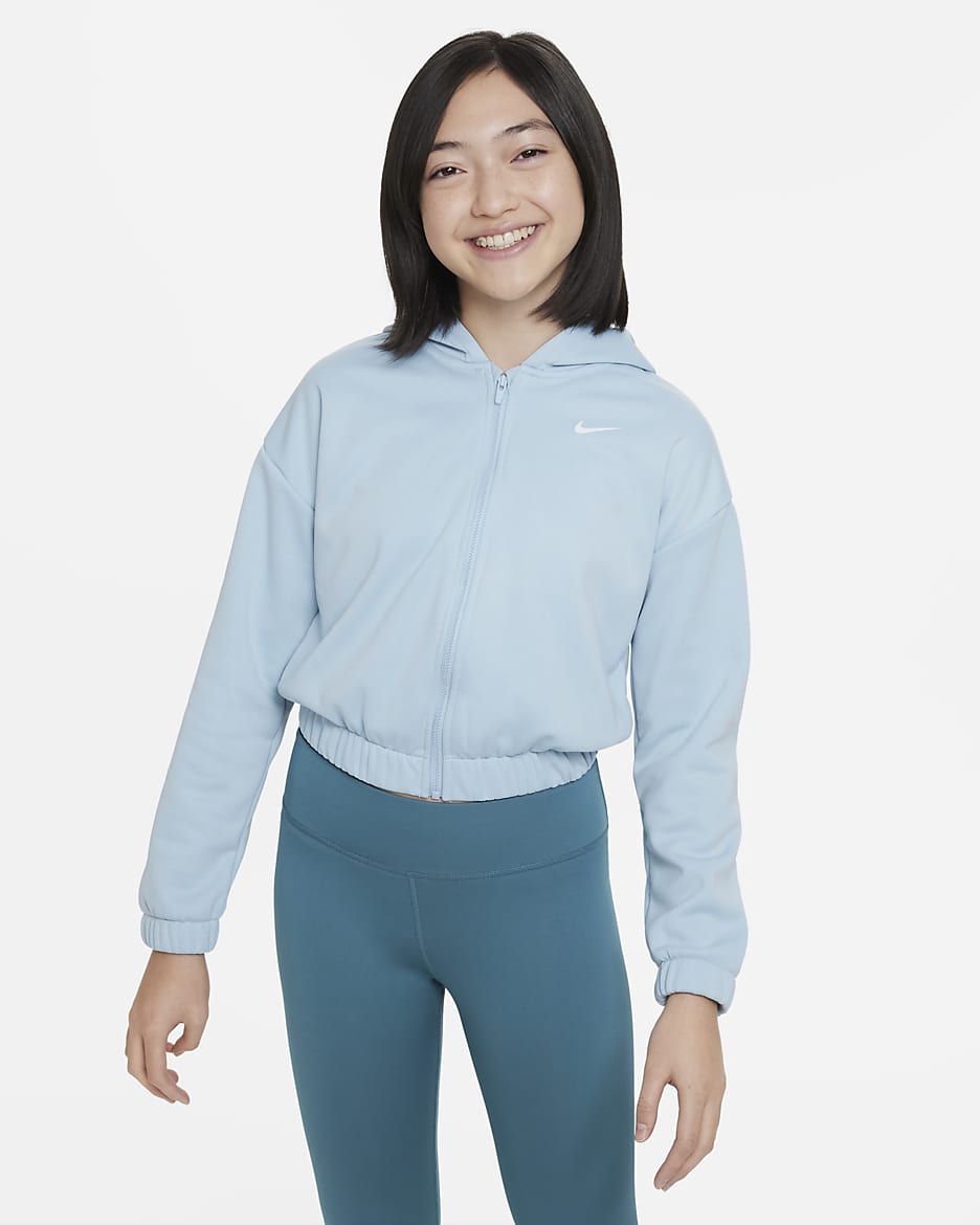Nike Therma-FIT Big Kids' (Girls') Full-Zip Training Hoodie - Ocean Bliss/White