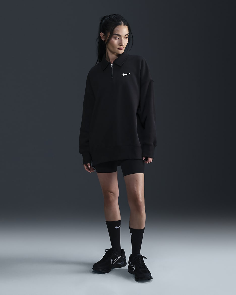 เสื้อโปโลซิปสั้นโอเวอร์ไซส์ผู้หญิง Nike Sportswear Phoenix Fleece - ดำ/Sail