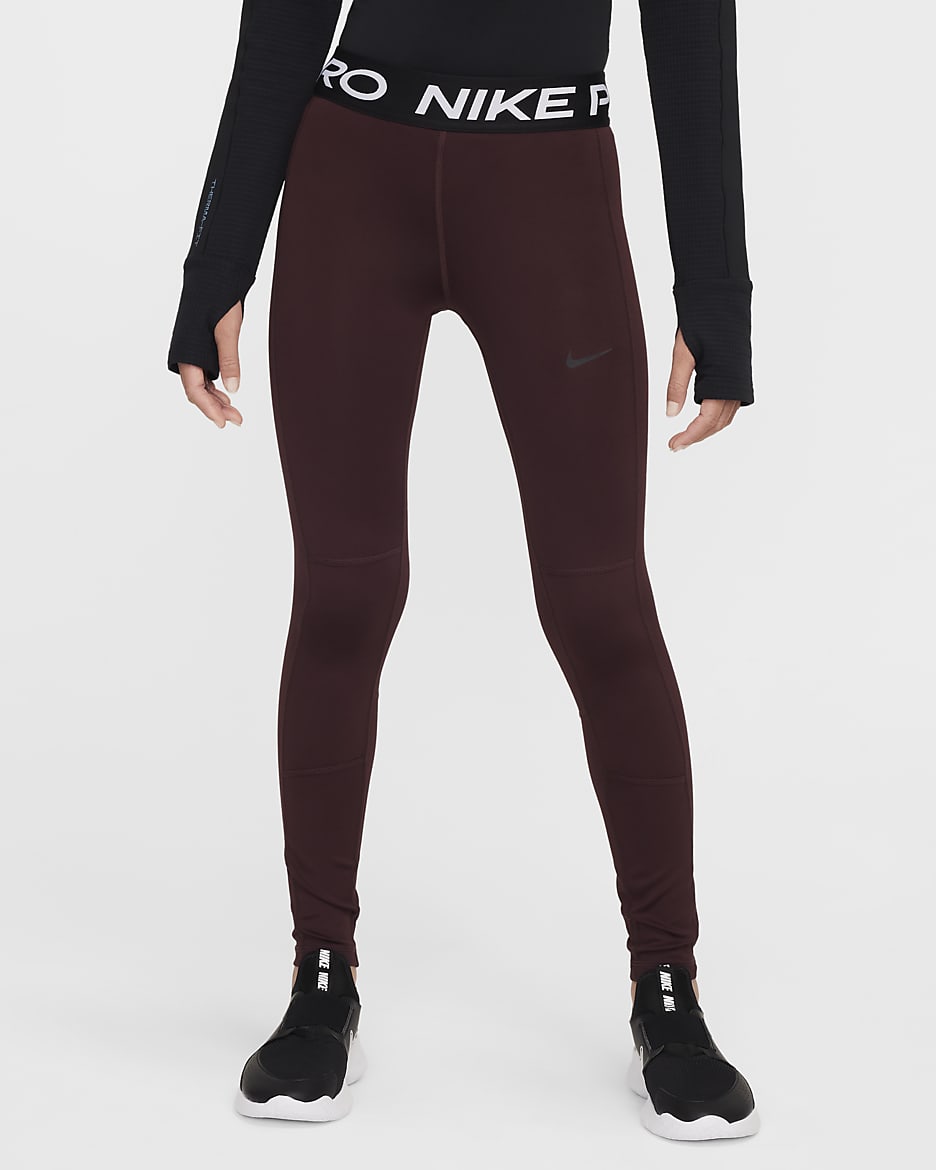 Nike Pro Leak Protection: Period Girls' Dri-FIT Leggings - Burgundy Crush/Black