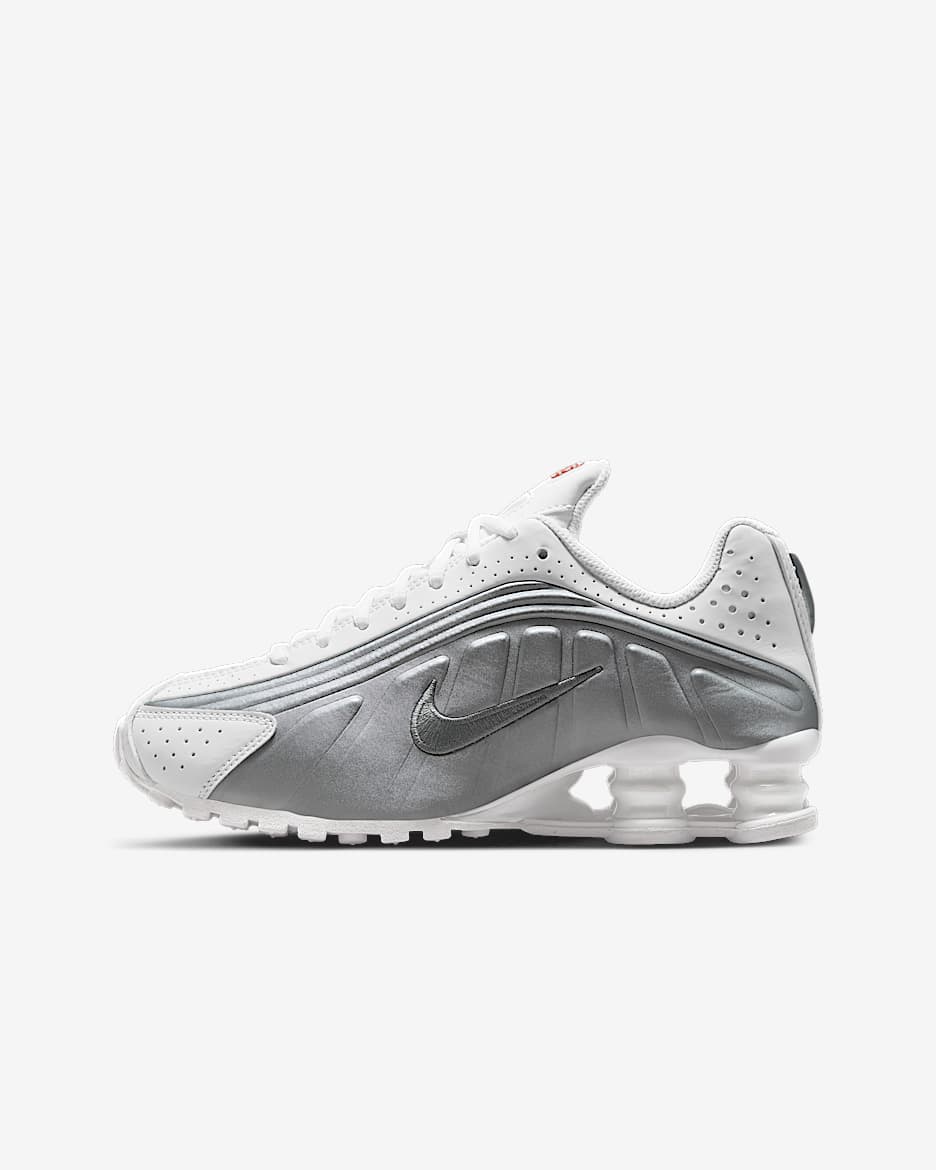 Nike Shox R4 Big Kids' Shoes - White/White/Bright Crimson/Metallic Silver
