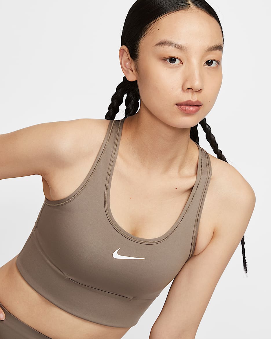 Nike Swoosh Pocket Women's Medium-Support Padded Longline Sports Bra - Mink Brown/Mink Brown/White