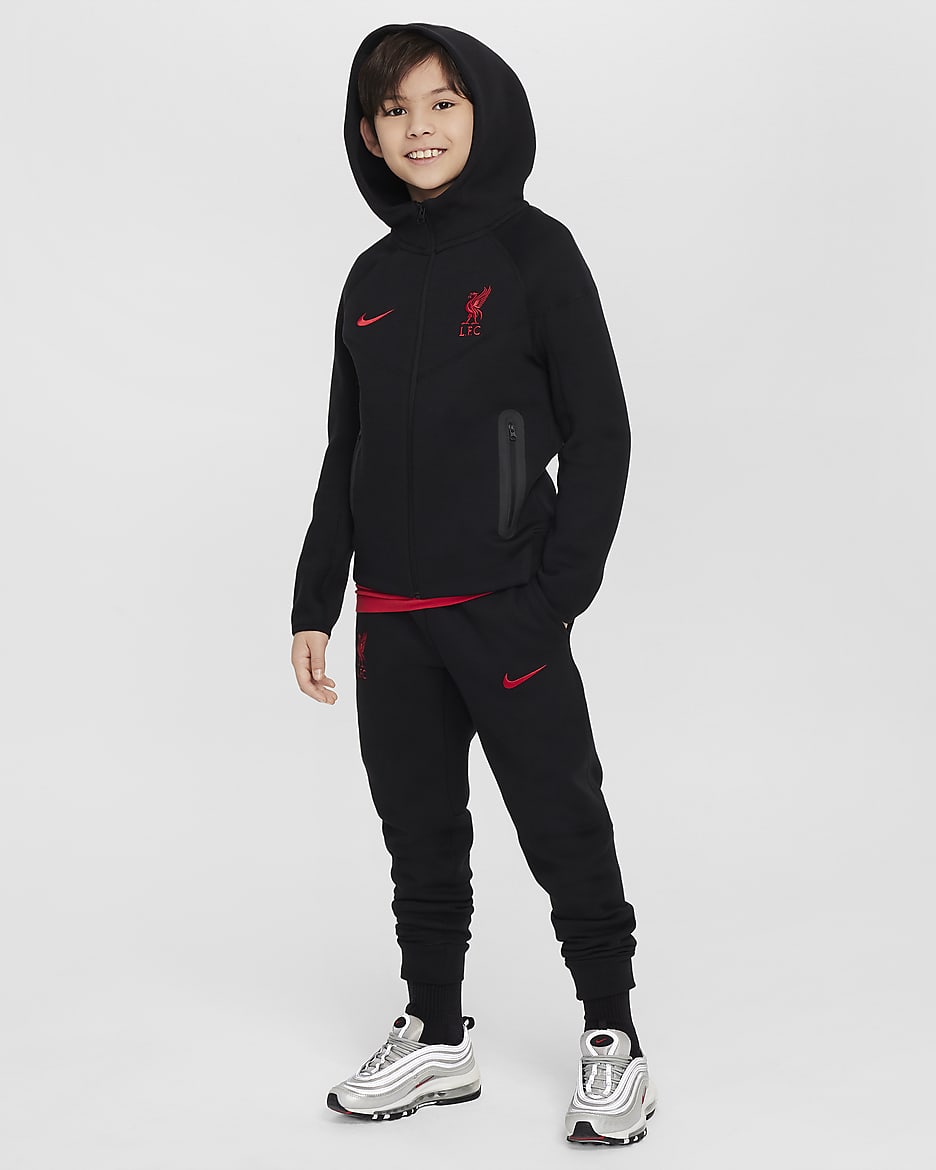 Fotbollshuvtröja Liverpool FC Tech Fleece Nike med hel dragkedja för ungdom (killar) - Svart/Svart/Svart/Gym Red