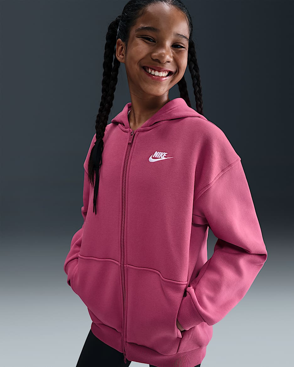 Nike Sportswear Club Fleece Big Kids' Oversized Full-Zip Hoodie - Sweet Beet/White