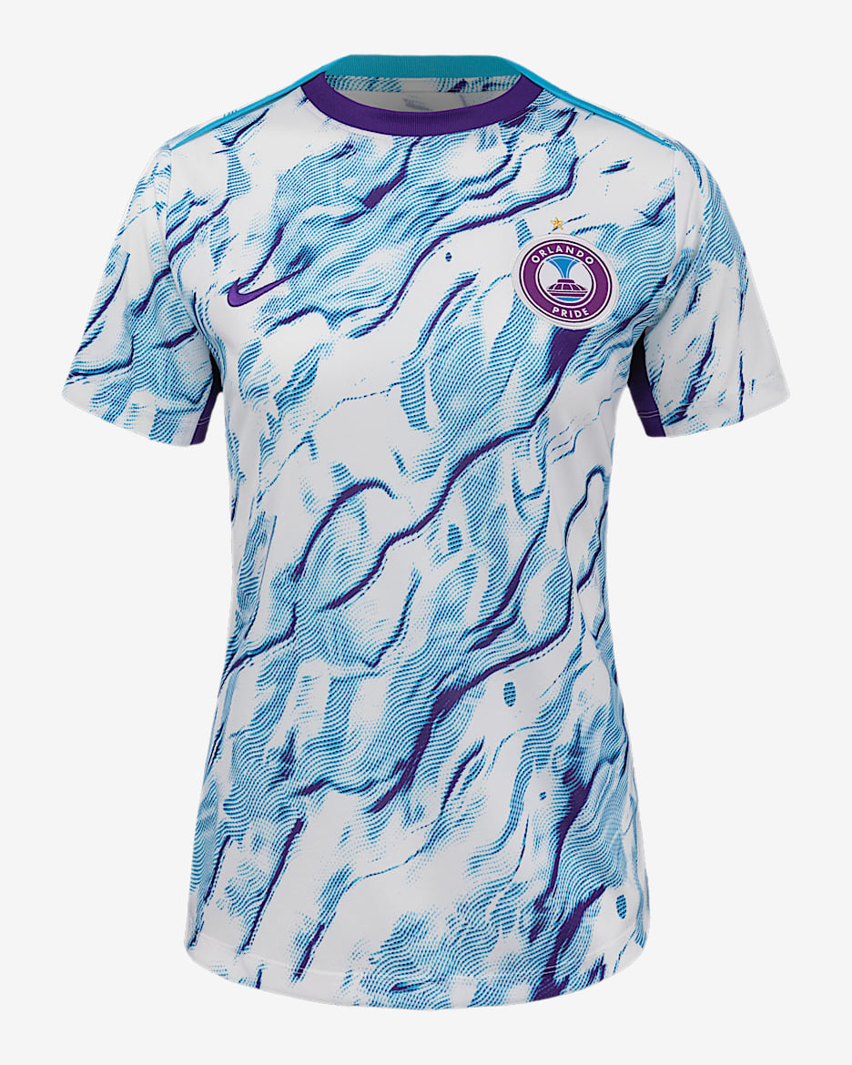 Playera de manga corta Nike de la NSWL para antes del partido para mujer Orlando Pride 2025 - Morado campo/Blanco