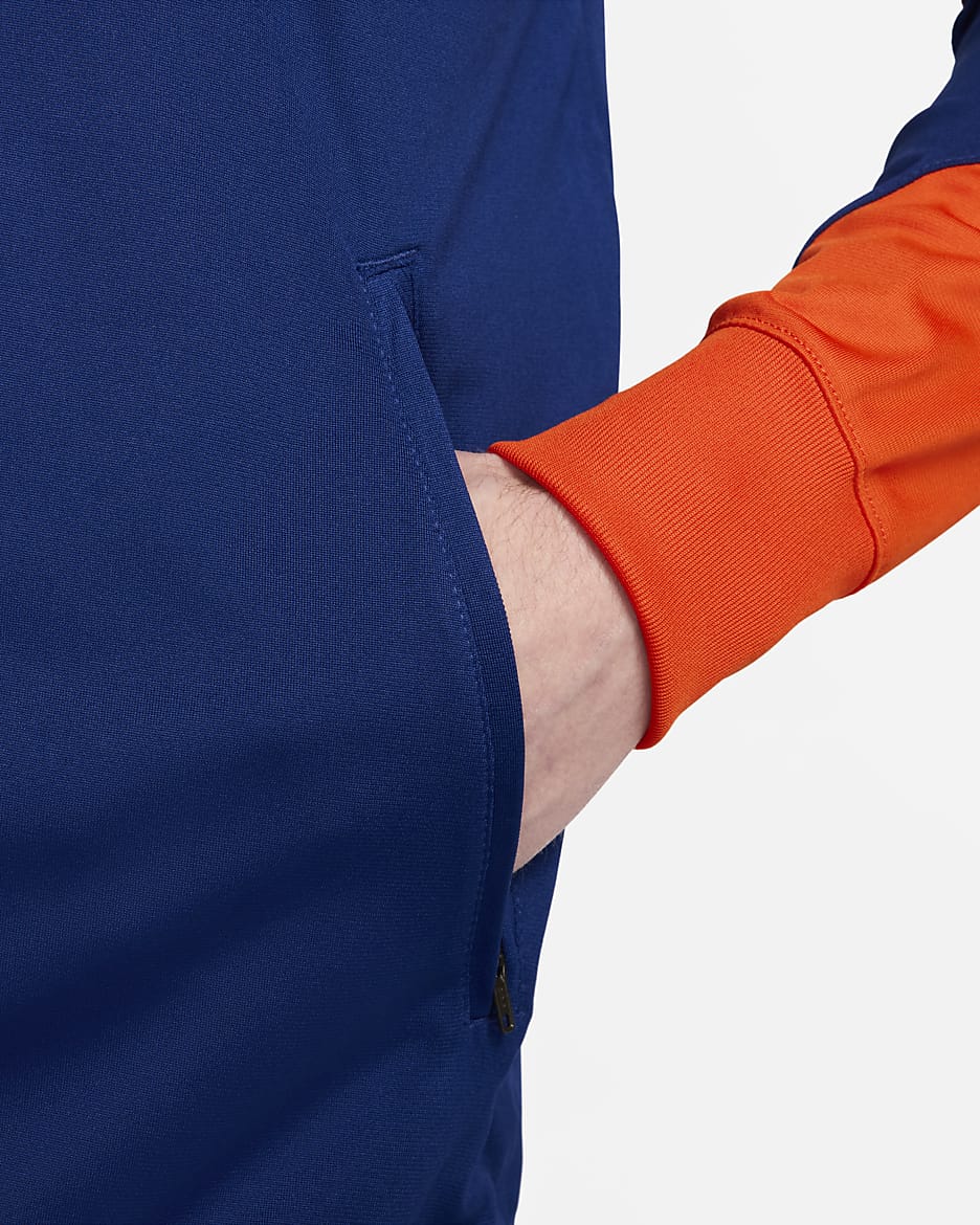 Netherlands Strike Nike Dri-FIT kapucnis, kötött férfi futballtréningruha - Deep Royal Blue/Safety Orange/Safety Orange