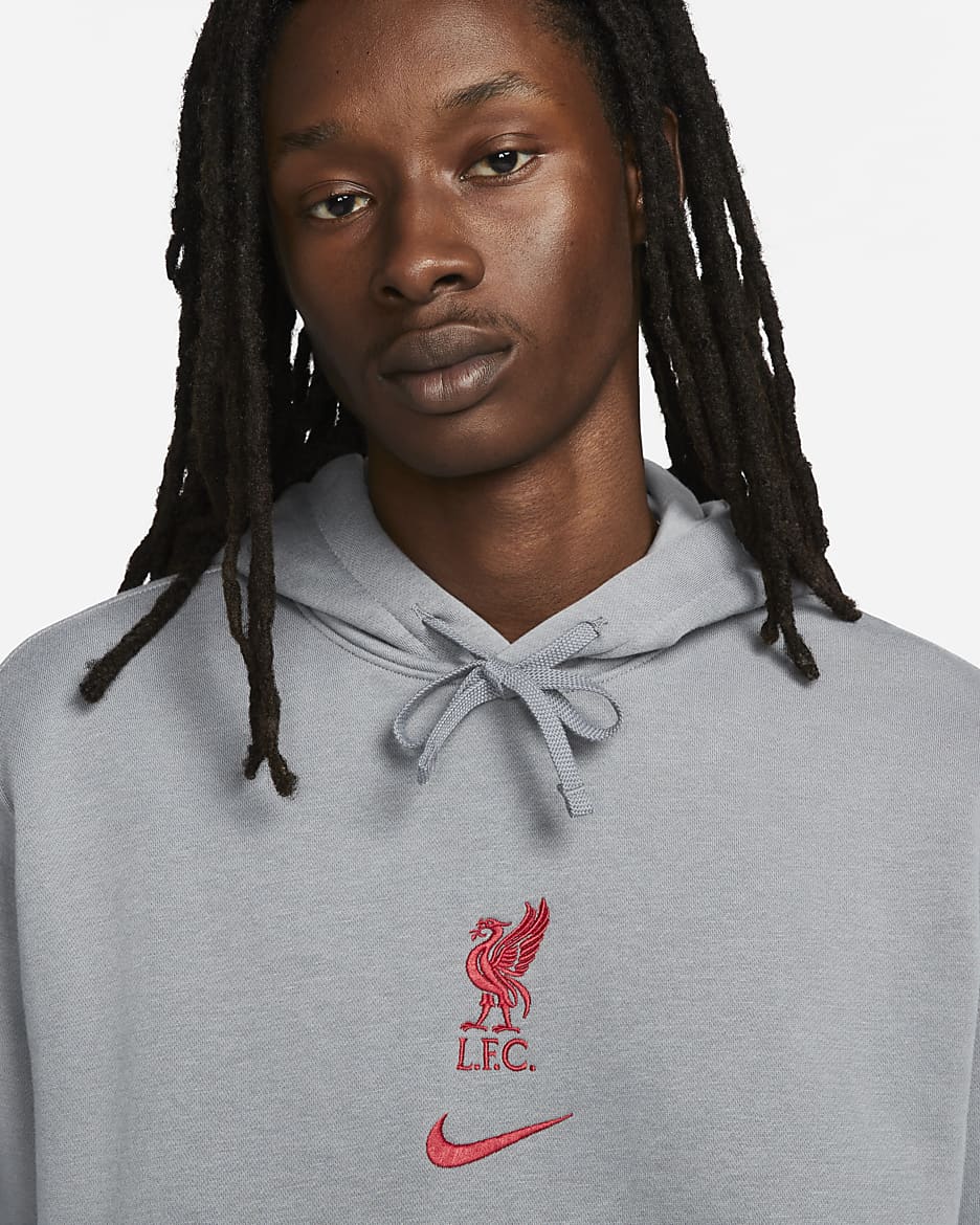 Liverpool Club Men's Nike Soccer Pullover Hoodie - Smoke Grey/Smoke Grey/Tough Red