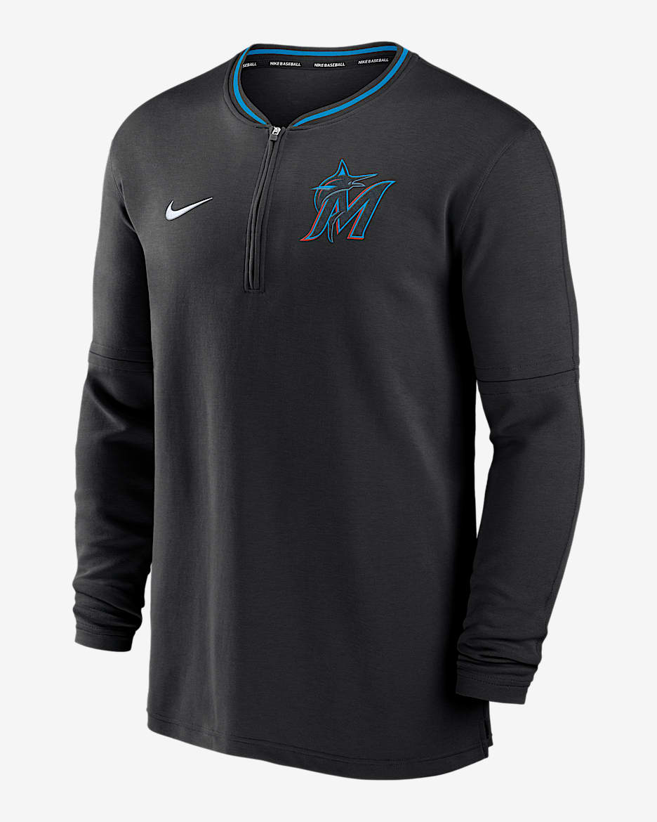 Playera de manga larga Nike Dri-FIT de la MLB de medio cierre para hombre Miami Marlins Authentic Collection - Negro