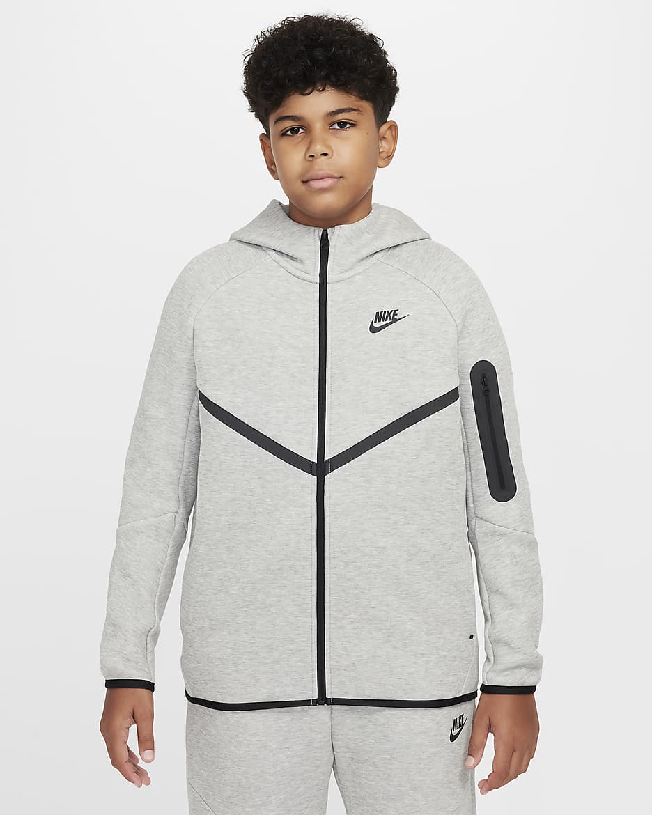 Bluza z kapturem i zamkiem na całej długości dla dużych dzieci Nike Sportswear Tech Fleece (szersze rozmiary) - Dark Grey Heather/Dark Grey Heather/Czerń/Czerń