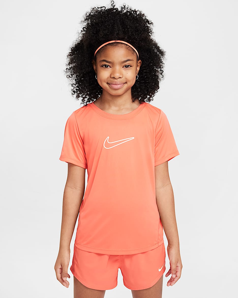 Nike One Fitted Older Kids' (Girls') Dri-FIT Short-Sleeve Top - Magic Ember/White