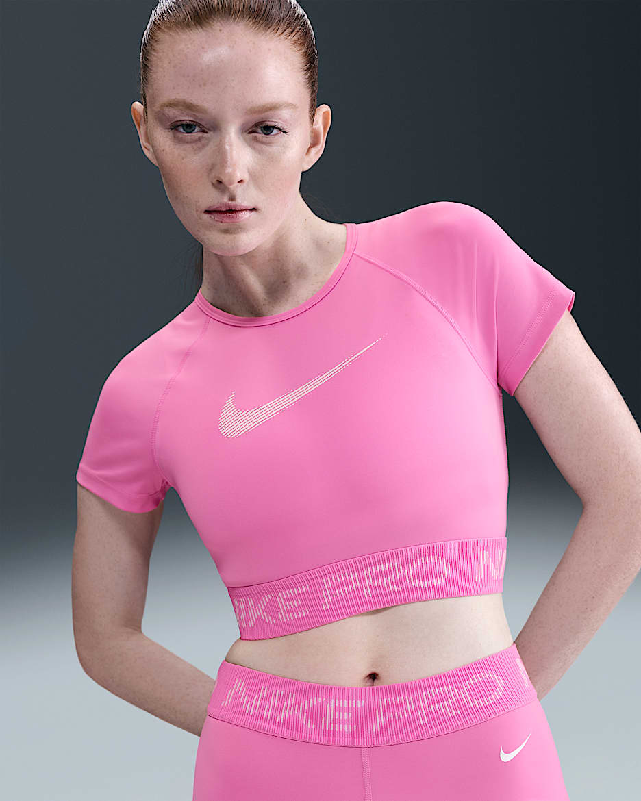 Nike Pro Women's Dri-FIT Short-Sleeve Cropped Graphic Top - Playful Pink/Pink Foam/White