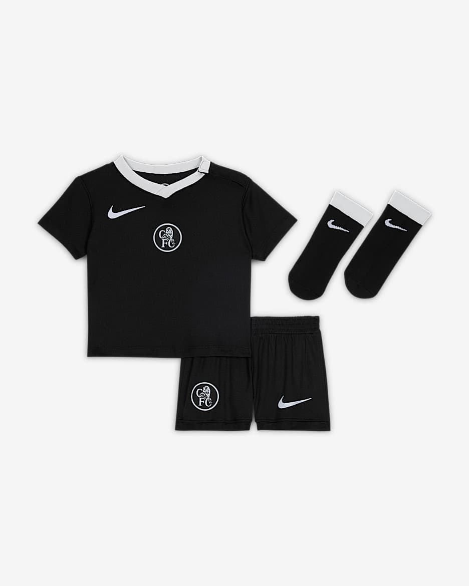 FC Chelsea 2025/26 Stadium Third dreiteiliges Nike Total 90 Replika-Fußballtrikot-Set (Babys/Kleinkinder) - Schwarz/Field Silver/Game Royal/Field Silver
