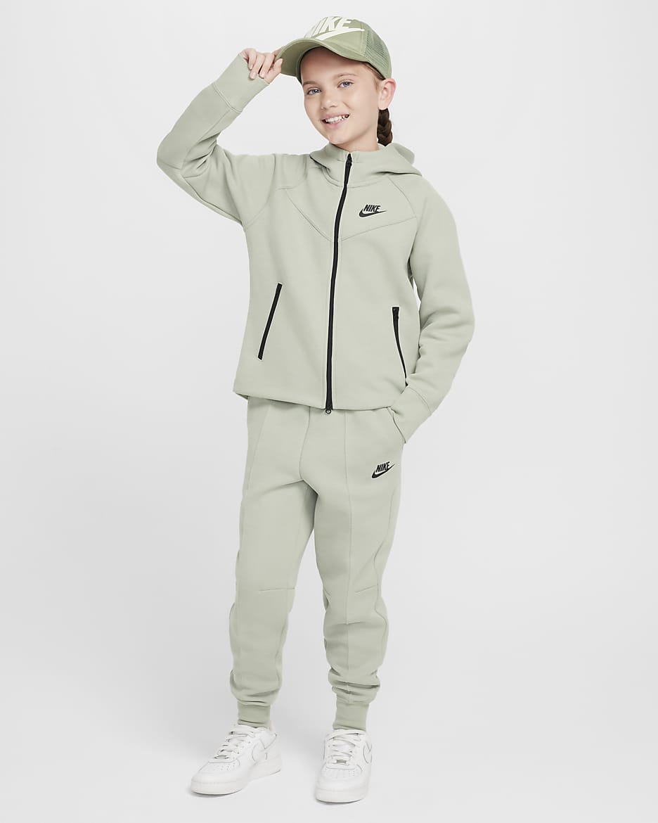 Nike Sportswear Tech Fleece-hættetrøje med lynlås til større børn (piger) - Jade Horizon/sort/sort