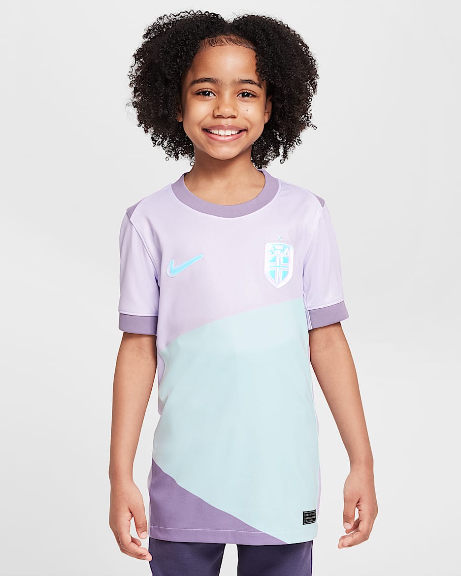 Norway 2025 Stadium Away (kvindehold) Nike Dri-FIT Replica-fodboldspillertrøje til større børn - Amethyst Tint/Violet Haze/hvid