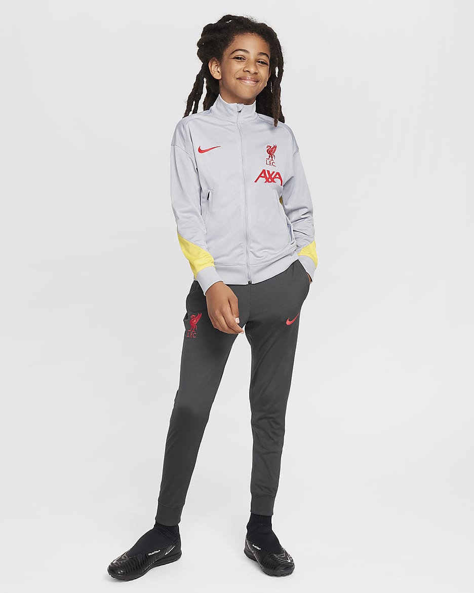 Liverpool F.C. Strike Third Older Kids' Nike Dri-FIT Football Knit Tracksuit - Light Smoke Grey/Dark Smoke Grey/Chrome Yellow/Global Red