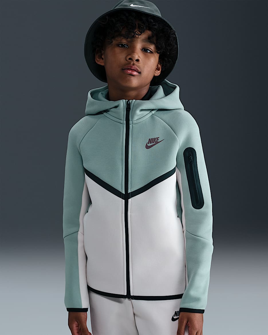 Nike Sportswear Tech Fleece Big Kids' Full-Zip Hoodie - Dusty Sage/Light Orewood Brown/Black/Plum Eclipse