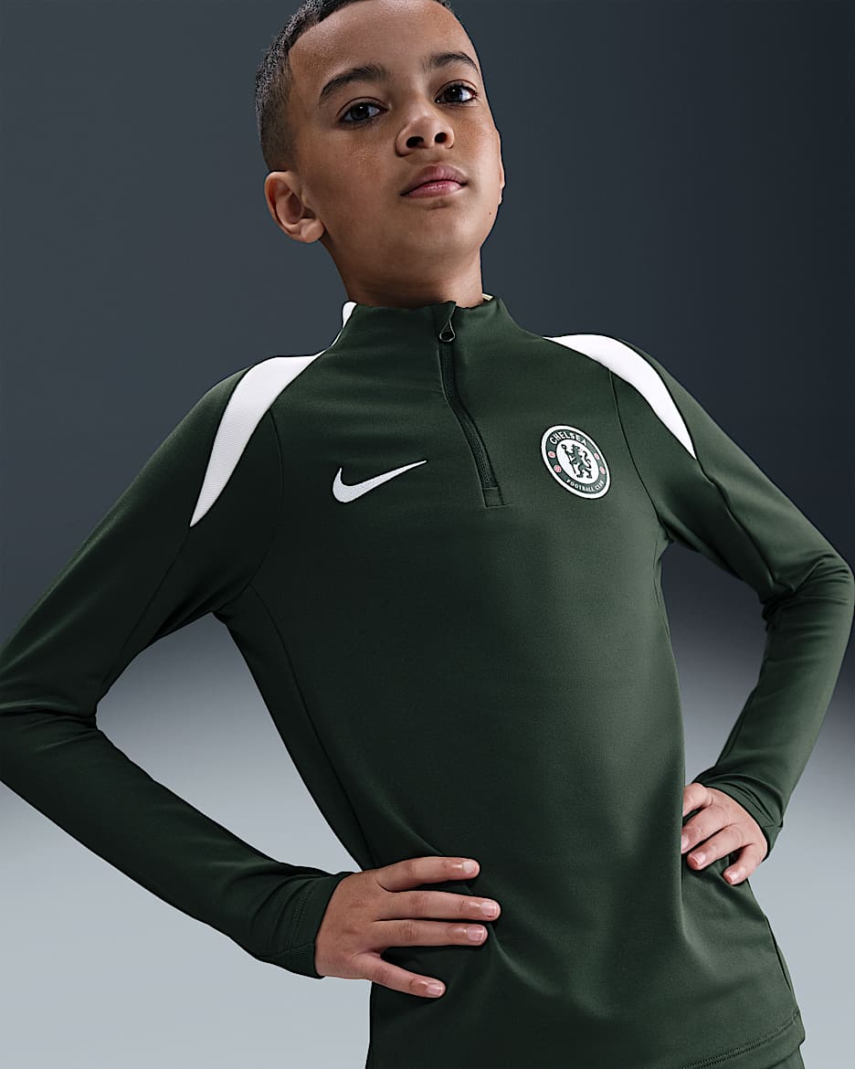 Maglia da calcio per allenamento Nike Dri-FIT Chelsea FC Strike - Ragazzo/a - Outdoor Green/Phantom/Phantom