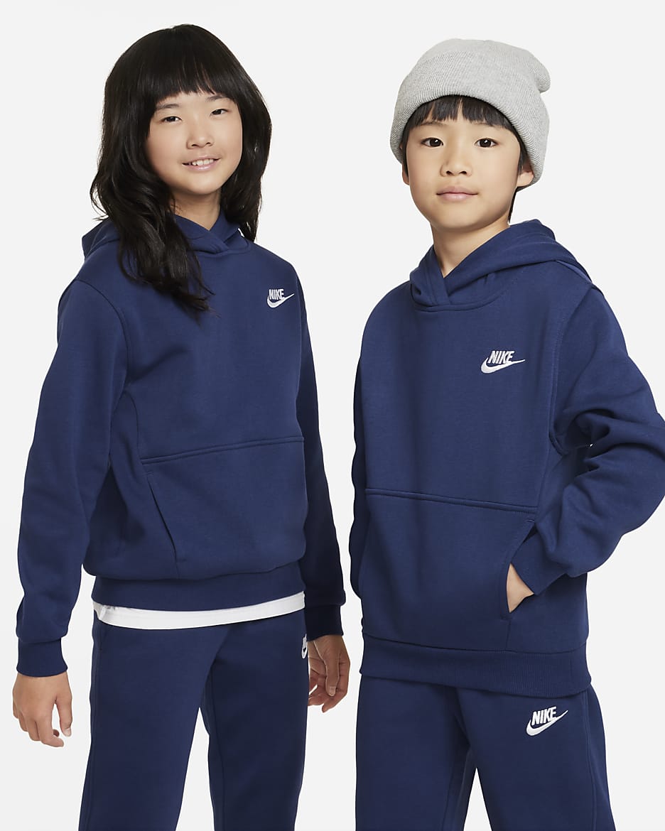 Nike Sportswear Club fleece-hettegenser til store barn - Midnight Navy/Hvit