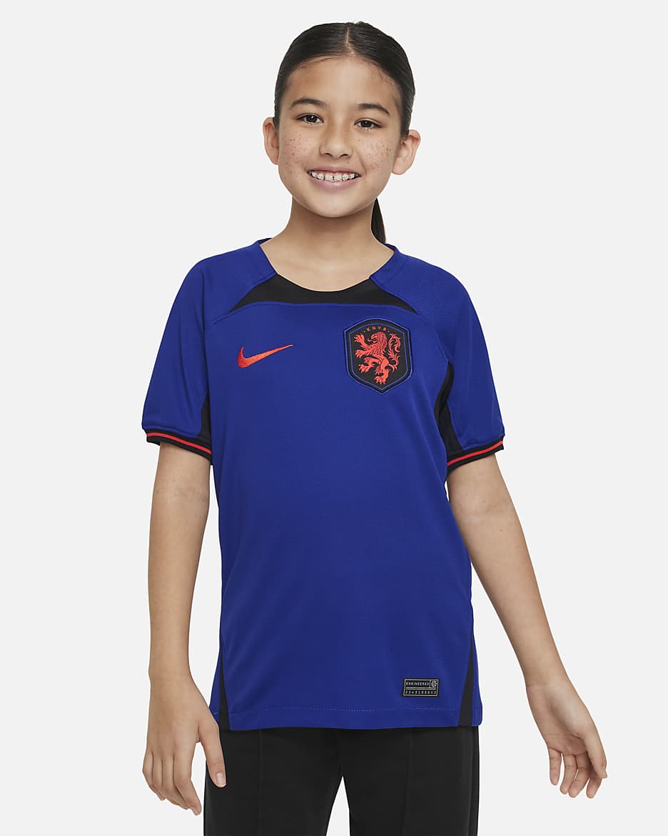 Jersey de fútbol Nike Dri-FIT de Países Bajos visitante 2022/23 Stadium para niños talla grande - Azul royal intenso/Negro/Rojo habanero