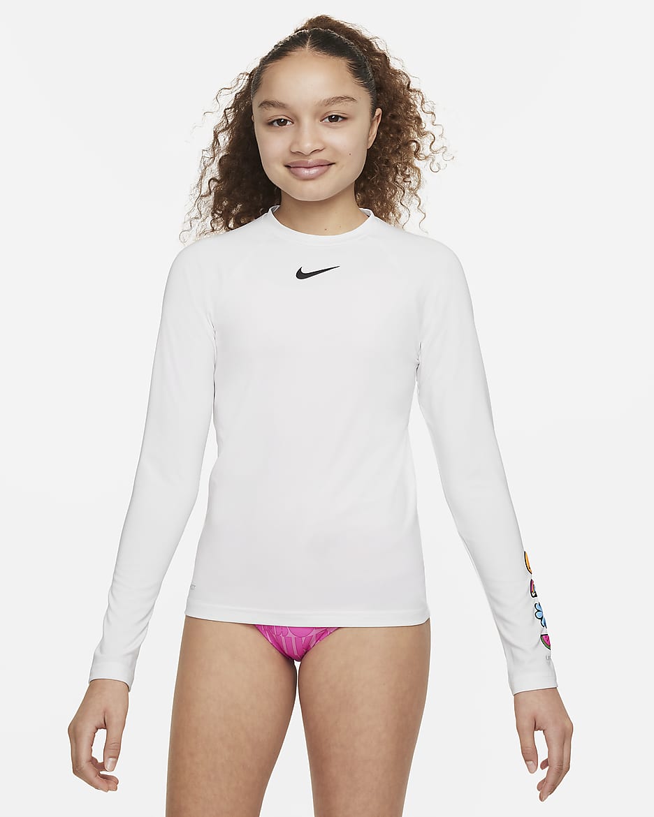 Playera Hydroguard de manga larga para niña talla grande Nike Swim Charms - Blanco